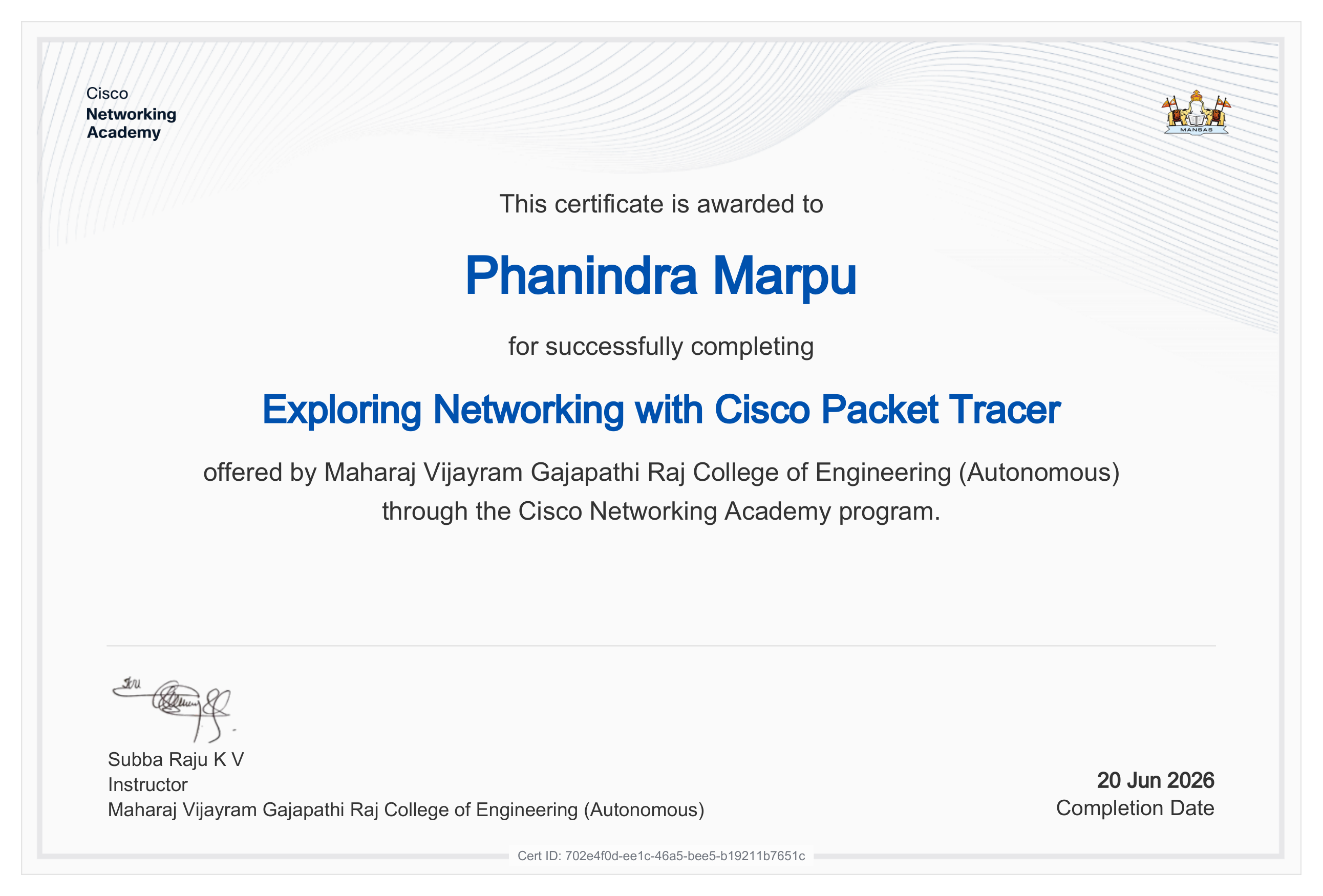 Exploring Networking with Cisco Packet Tracer Certificate