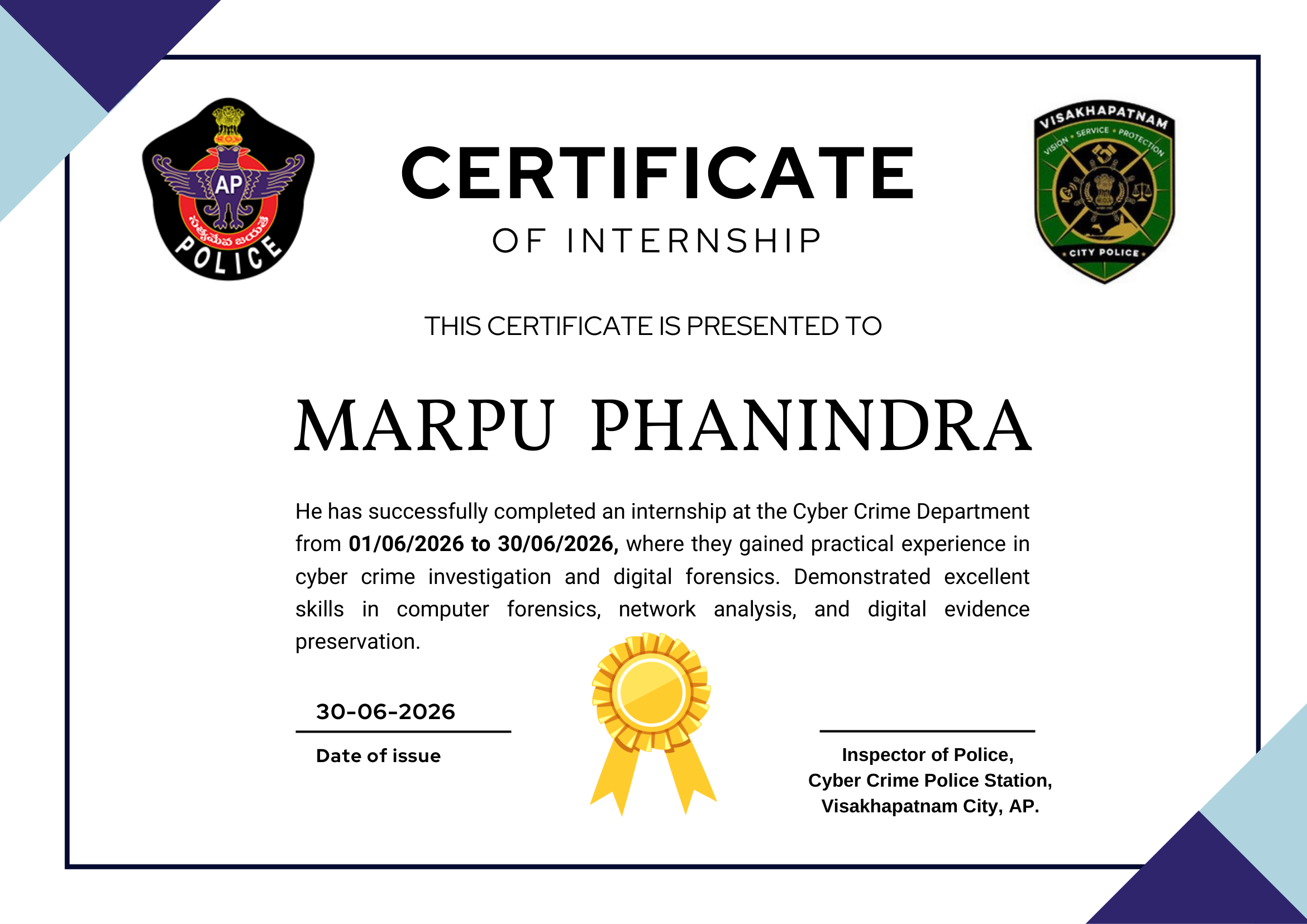 Cybercrime Police Station Internship Certificate