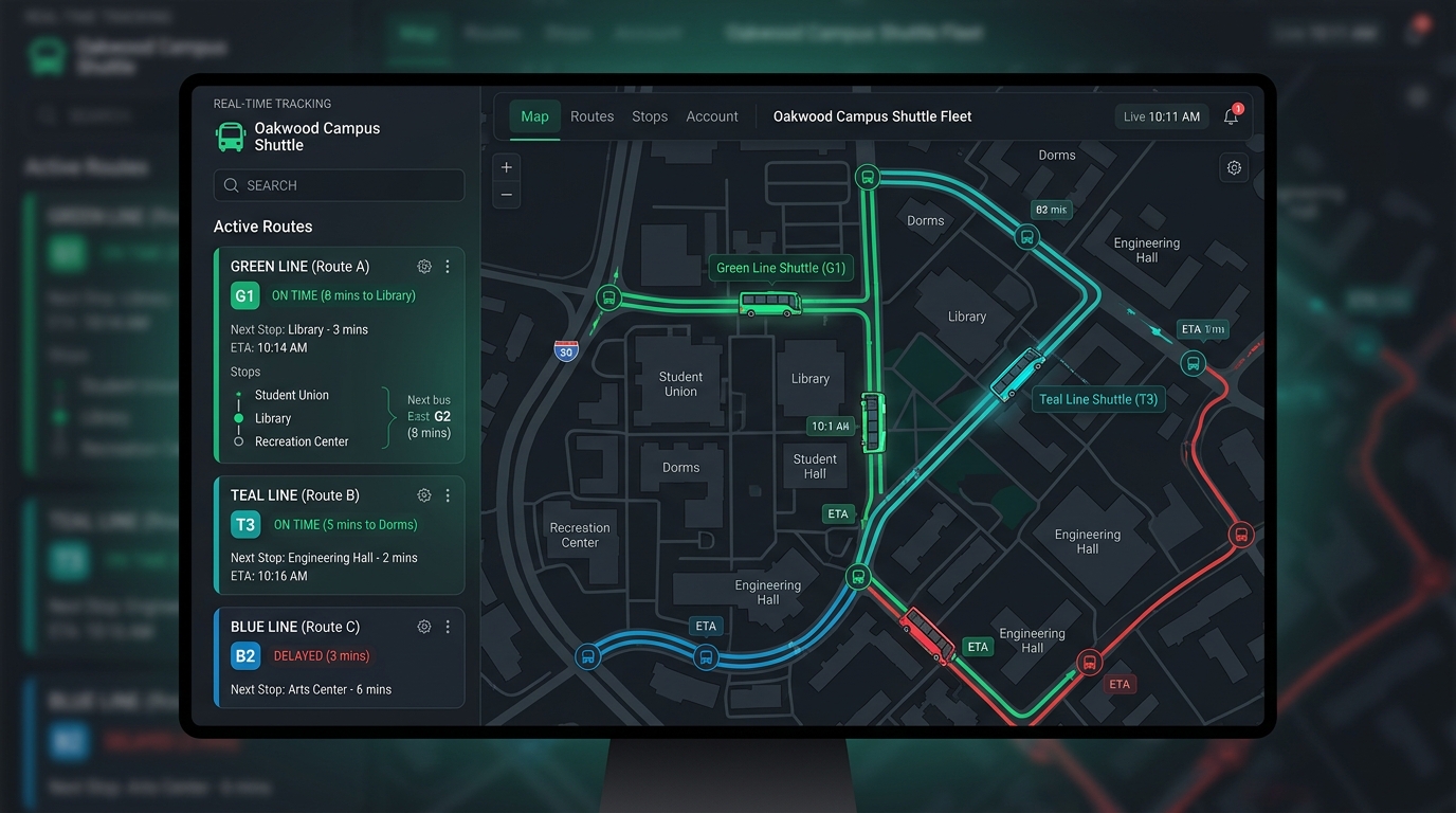 ShuttleTrack Live Bus Tracking System UI Preview